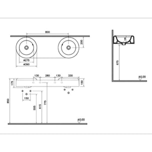 Double lavabo VITRA Liquid 120 cm sans trou et avec trop-plein