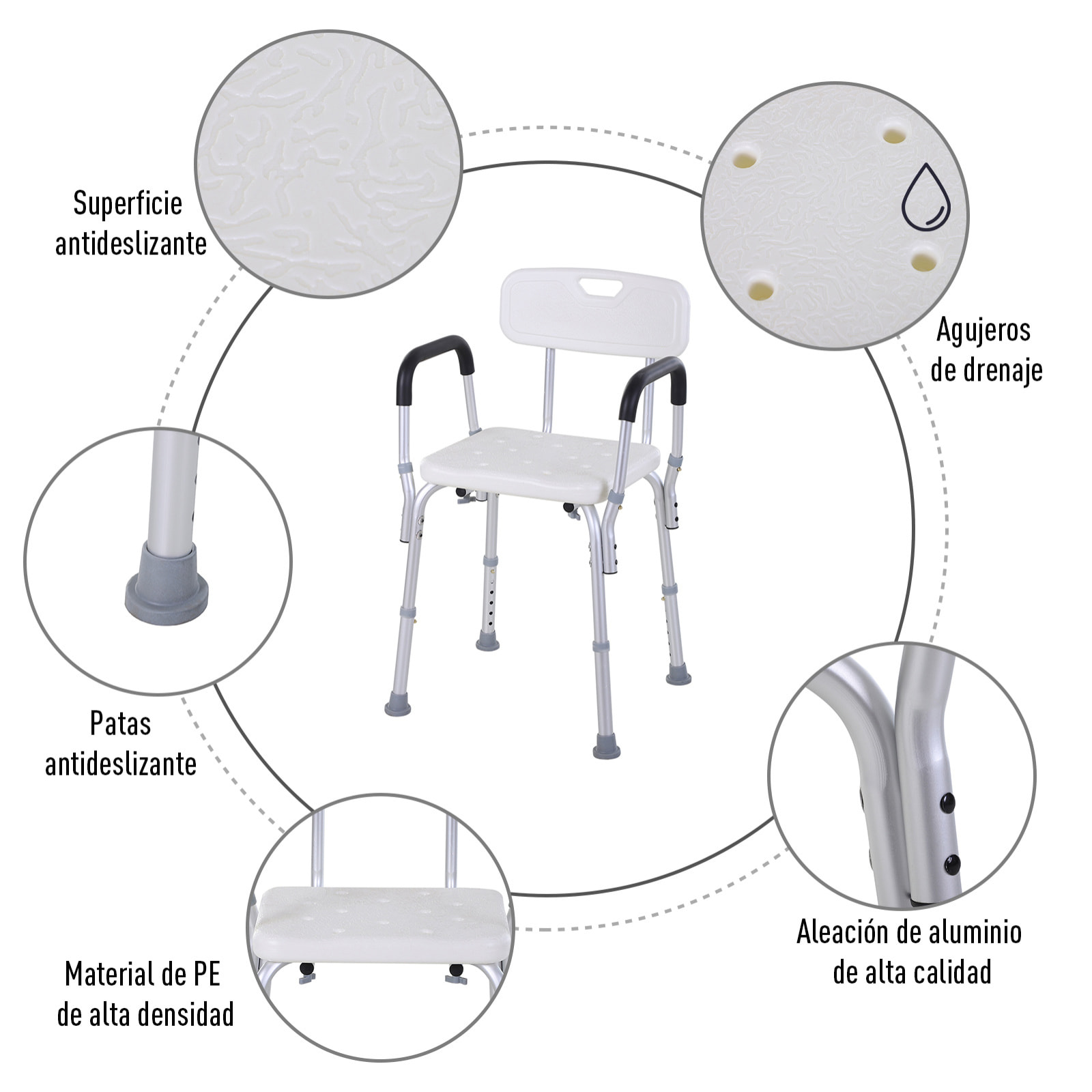 Silla de ducha Regulable con Reposabrazos 51,5x43,5x71-84cm