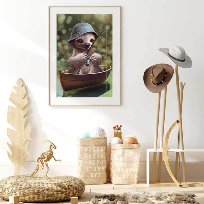 Affiche enfant paresseux à la pêche  Affiche + cadre en bois - Chêne
