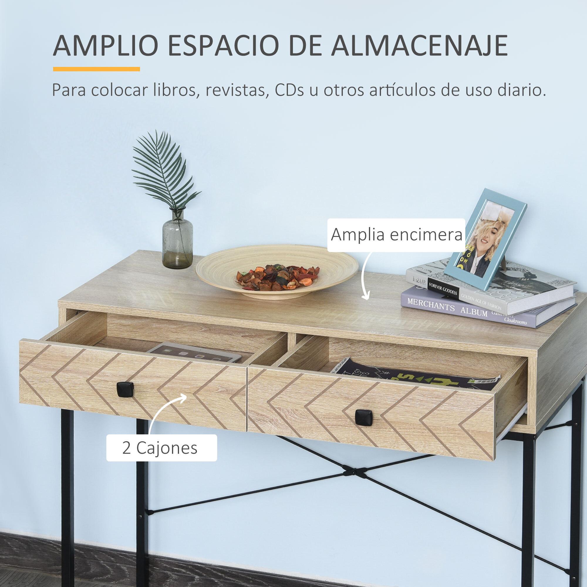 HOMCOM Mesa de Consola 90x35x76 cm Mesa de Entrada con 2 Cajones de Almacenamiento Decorativos y Estructura de Metal para Recibidor Pasillo Salón Color Natural