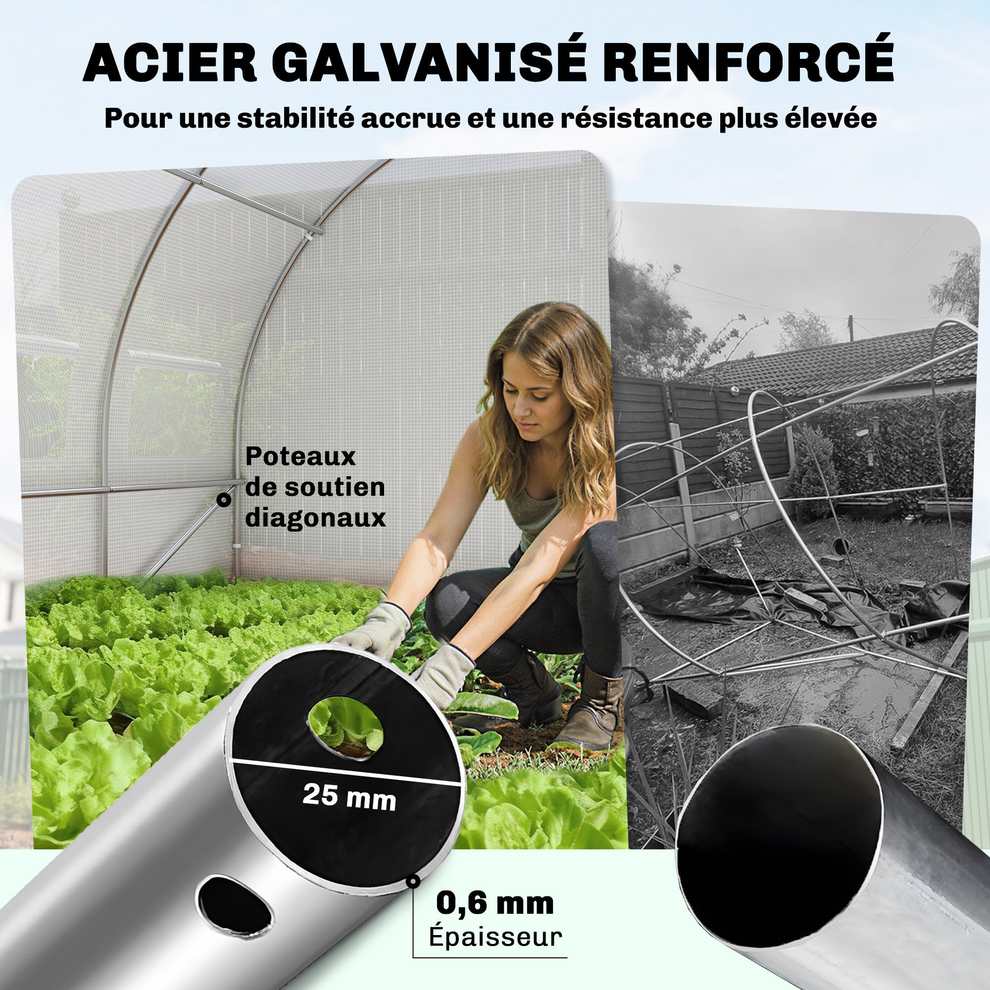 Serre tunnel de jardin 18 m² porte 12 fenêtres enroulables acier PE blanc