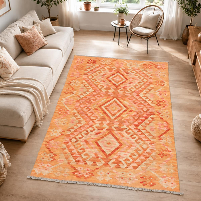 Tapis kilim, motif géométrique, tissé plat en laine, UZEDAVI