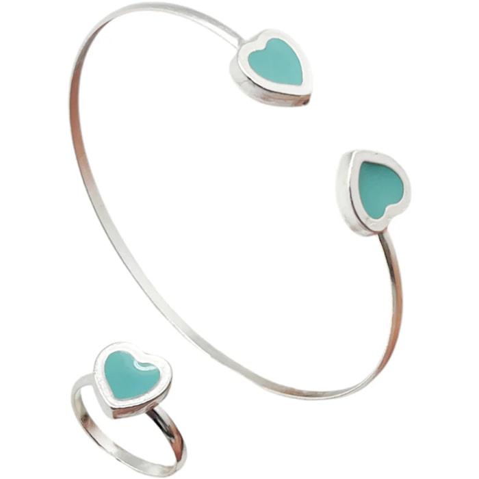 Conjunto Colors Corazón Pulsera y anillo plata 10µ Azul Celeste