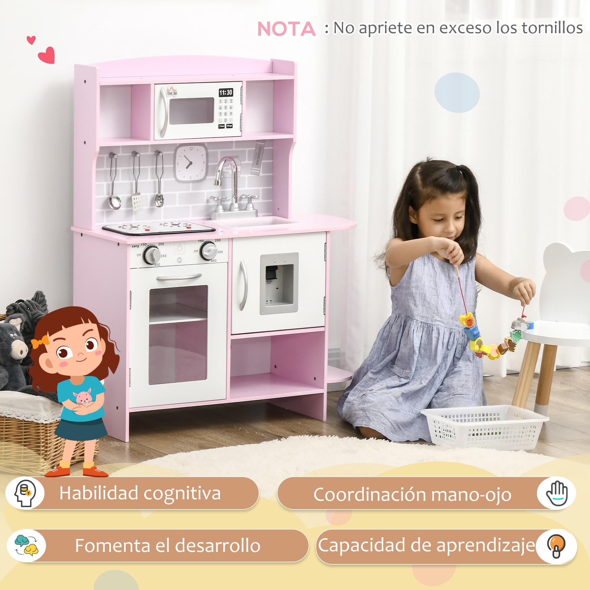 Cocina de Juguete Madera para Niños de +3 Años con Luz Sonidos 70x29x90 cm Rosa