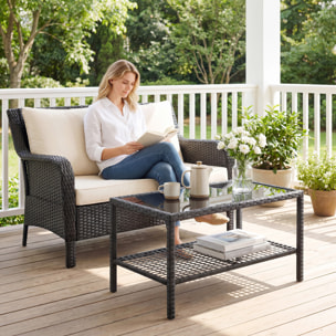 Mesa de Jardín de Ratán, Mesita Auxiliar con Estante, Tablero de Vidrio Templado, Estructura de Acero, para Terraza, Patio, Balcón, 92x50x45 cm, Negro