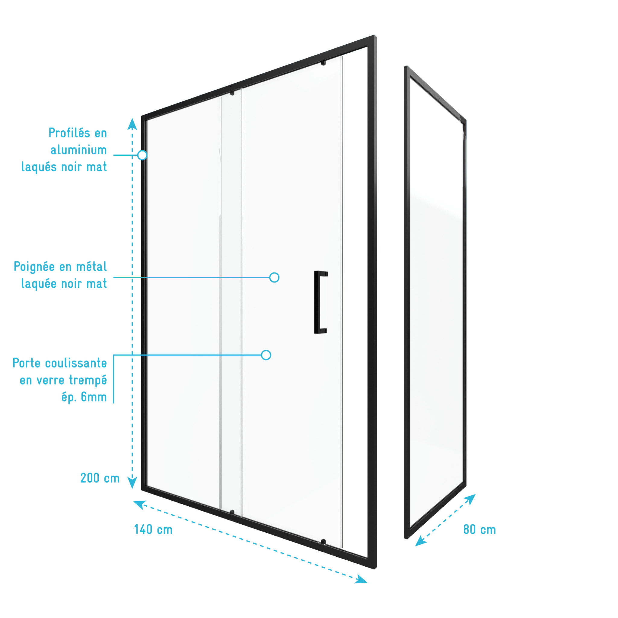 Porte de douche + Retour 140x80x200 cm - Verre 6 mm - Profilé Noir - CRUSH