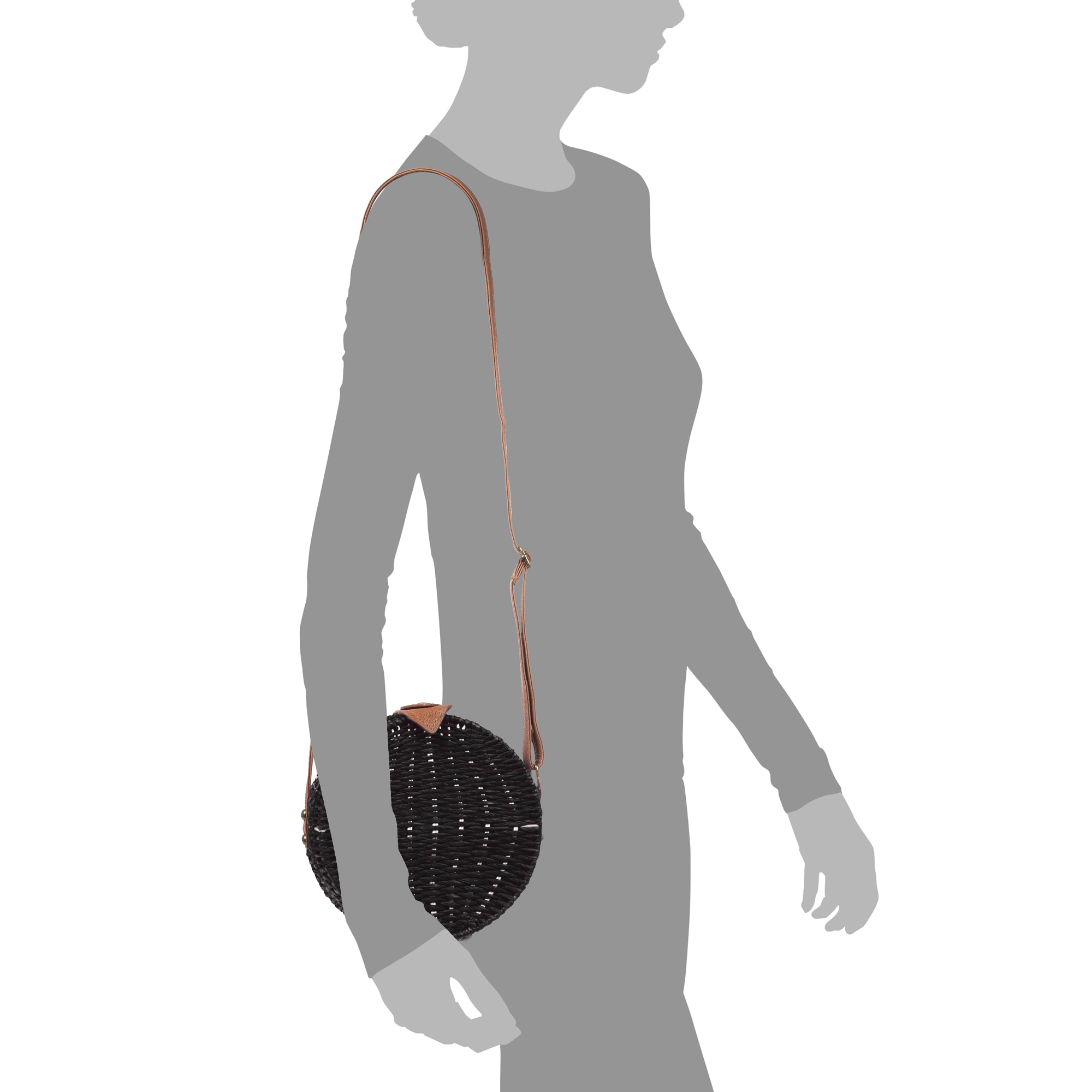 IRIA QUINTANA Borsa a tracolla da donna Cuneo. Tessuto Paglia Pelle Sintetica PU 18x4x18 Cm. Colore nero