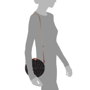 IRIA QUINTANA Borsa a tracolla da donna Cuneo. Tessuto Paglia Pelle Sintetica PU 18x4x18 Cm. Colore nero