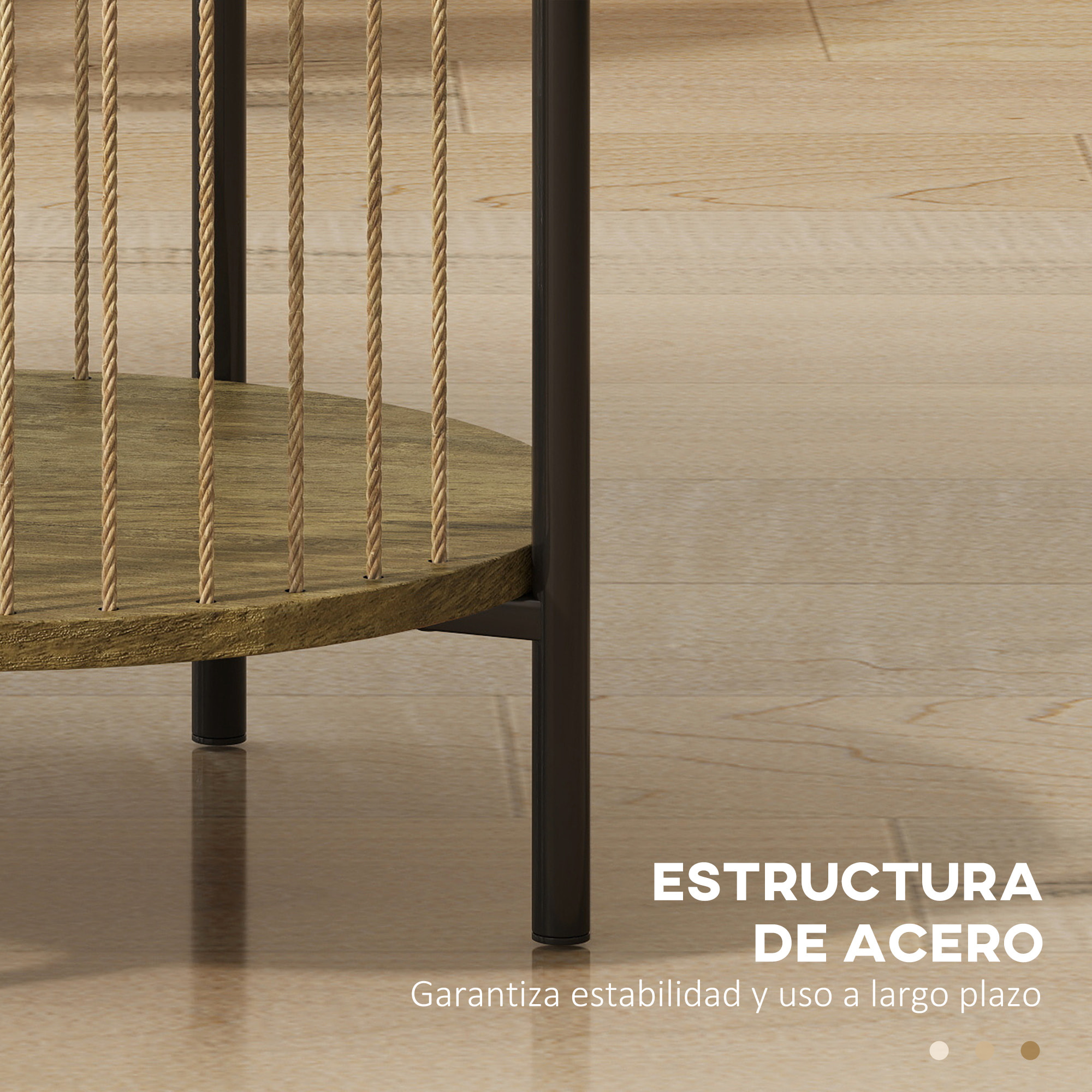 Mesa Auxiliar Redonda de 2 Niveles Mesita Auxiliar Bohemio con Estante y Estructura de Acero para Salón Dormitorio 43,5x43,5x51 cm Natural