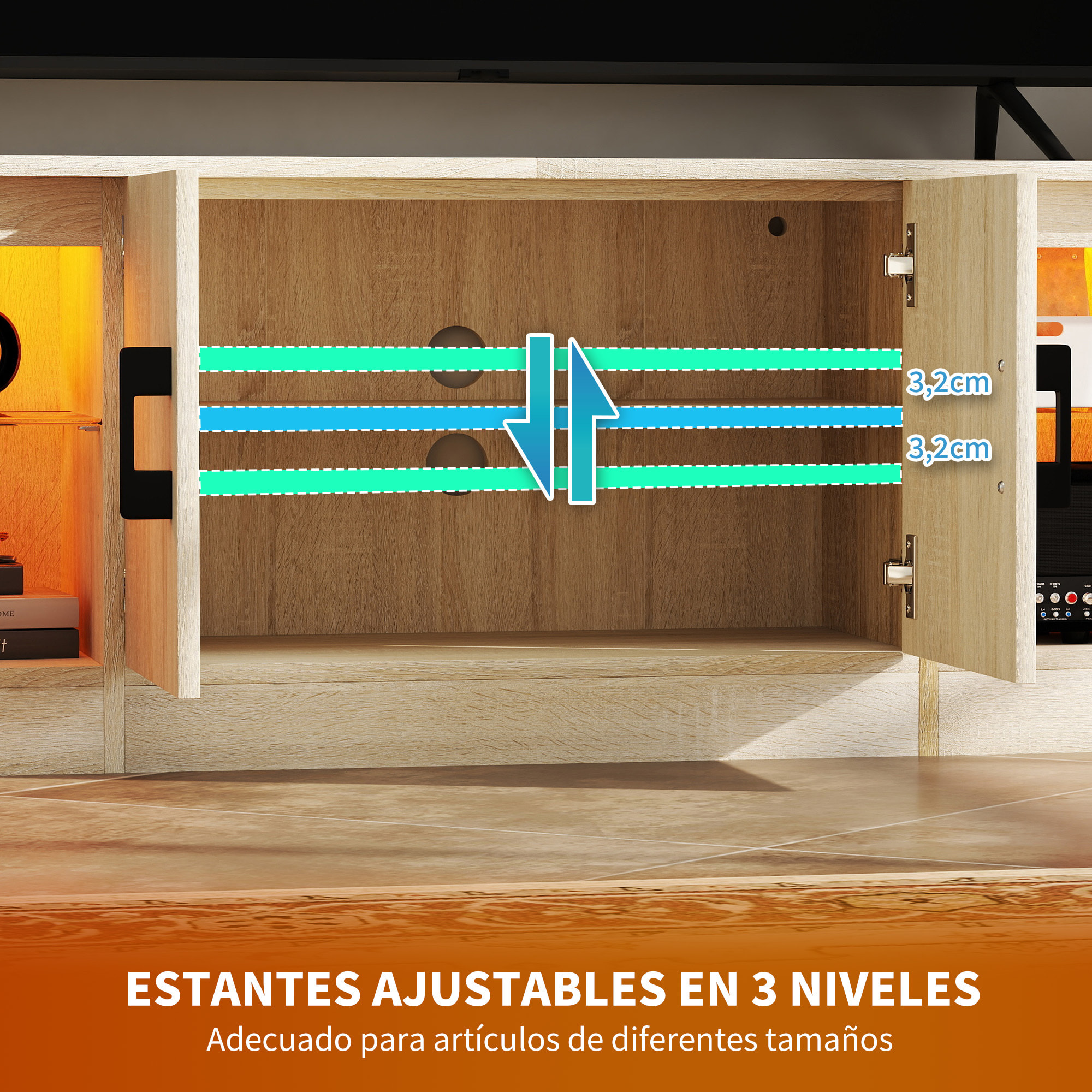 Mueble de TV Moderno Mueble de TV para Salón con Luces LED RGB Puertas con Cierre Lento y Estantes de Vidrio Abiertos Mueble para Televisión de 75 Pulgadas 180x35x45 cm Roble