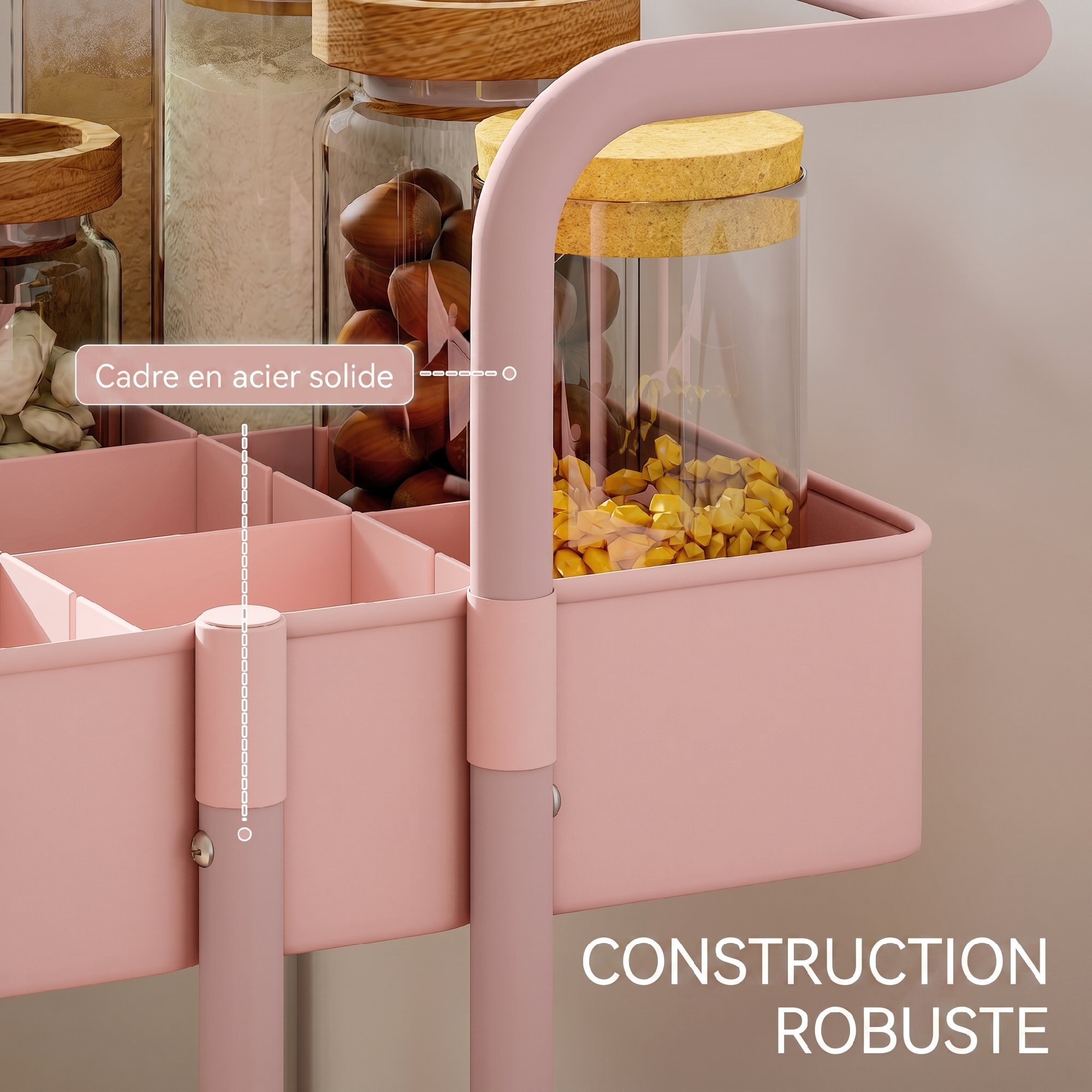 Desserte de cuisine - 3 étagères avec rebords - 4 crochets, 3 pots suspendus - acier ABS rose