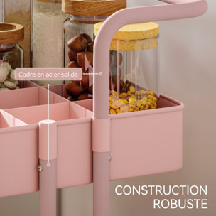Desserte de cuisine - 3 étagères avec rebords - 4 crochets, 3 pots suspendus - acier ABS rose