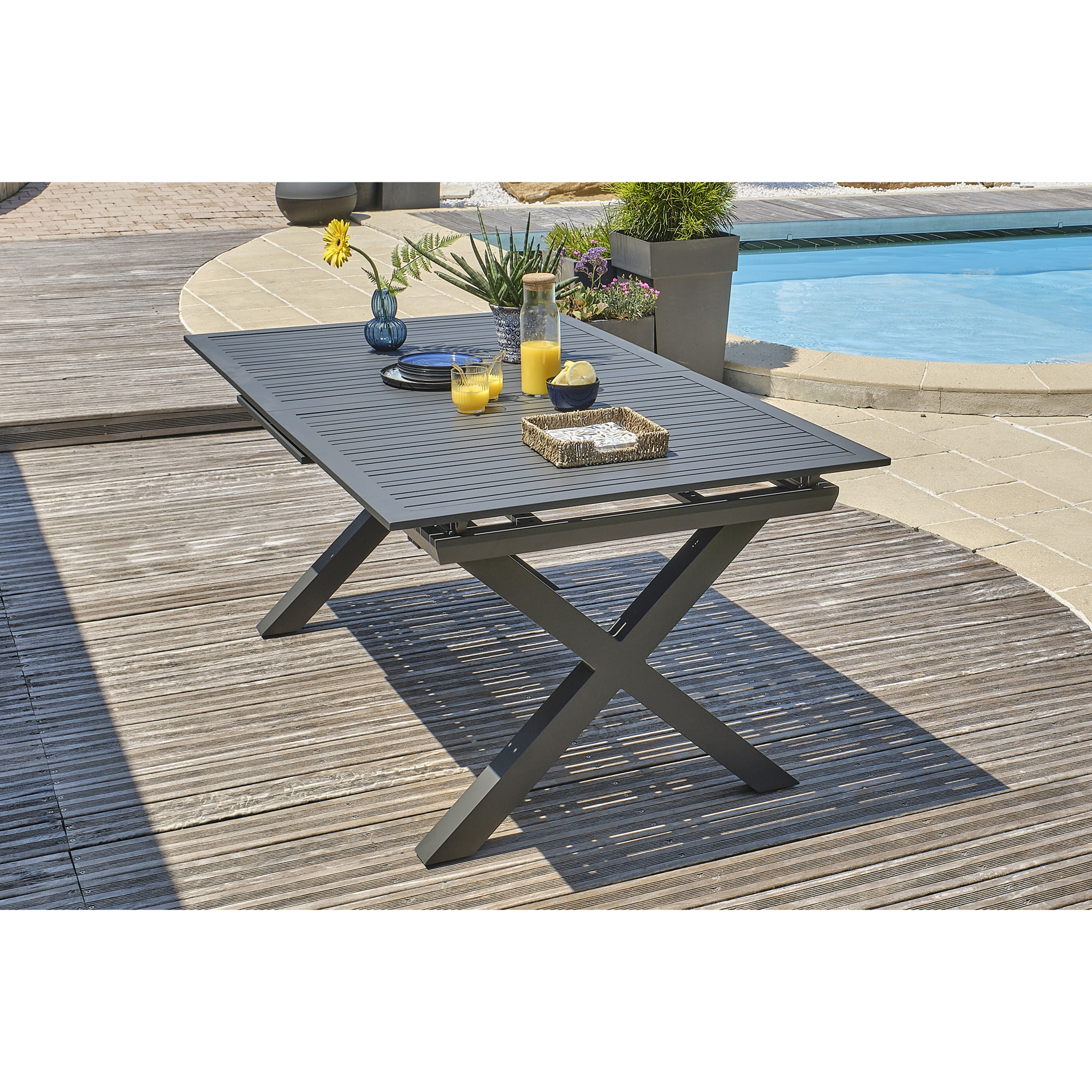 FLORIDE - Ensemble repas de jardin 8 places en aluminium gris anthracite