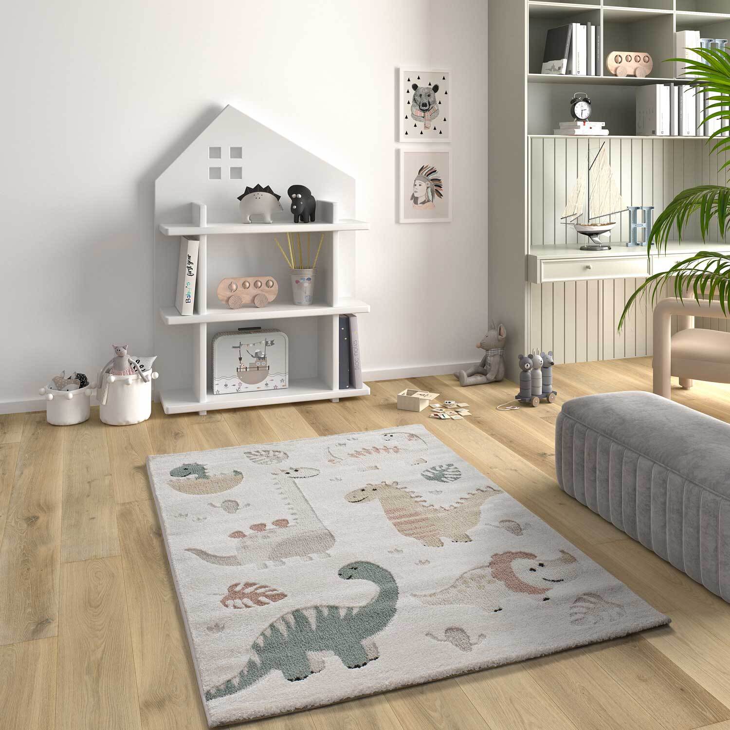 CLOWN Alfombra infantil con dinosaurios multicolor, 120x170 cm