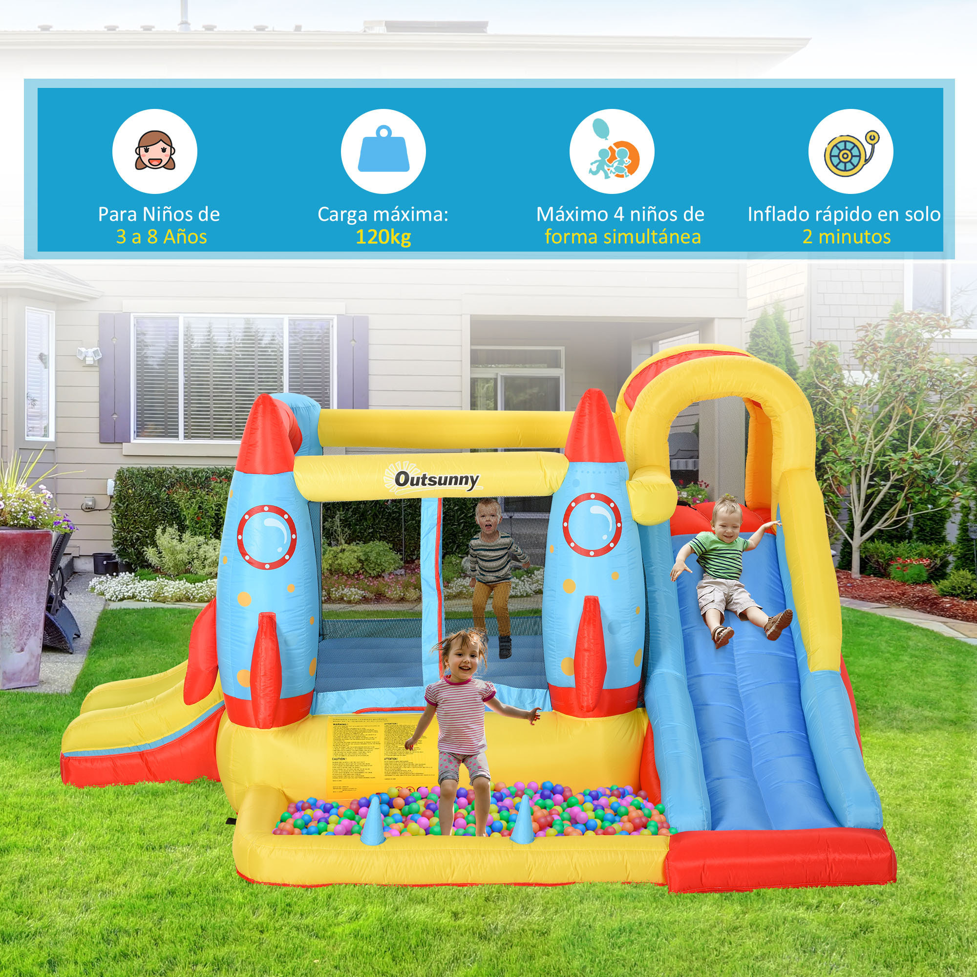 Castillo Hinchable con 2 Toboganes Cama de Salto y Piscina para Niños +3 Años con Inflador y Bolsa de Transporte para Interior Exterior 330x265x185 cm Multicolor