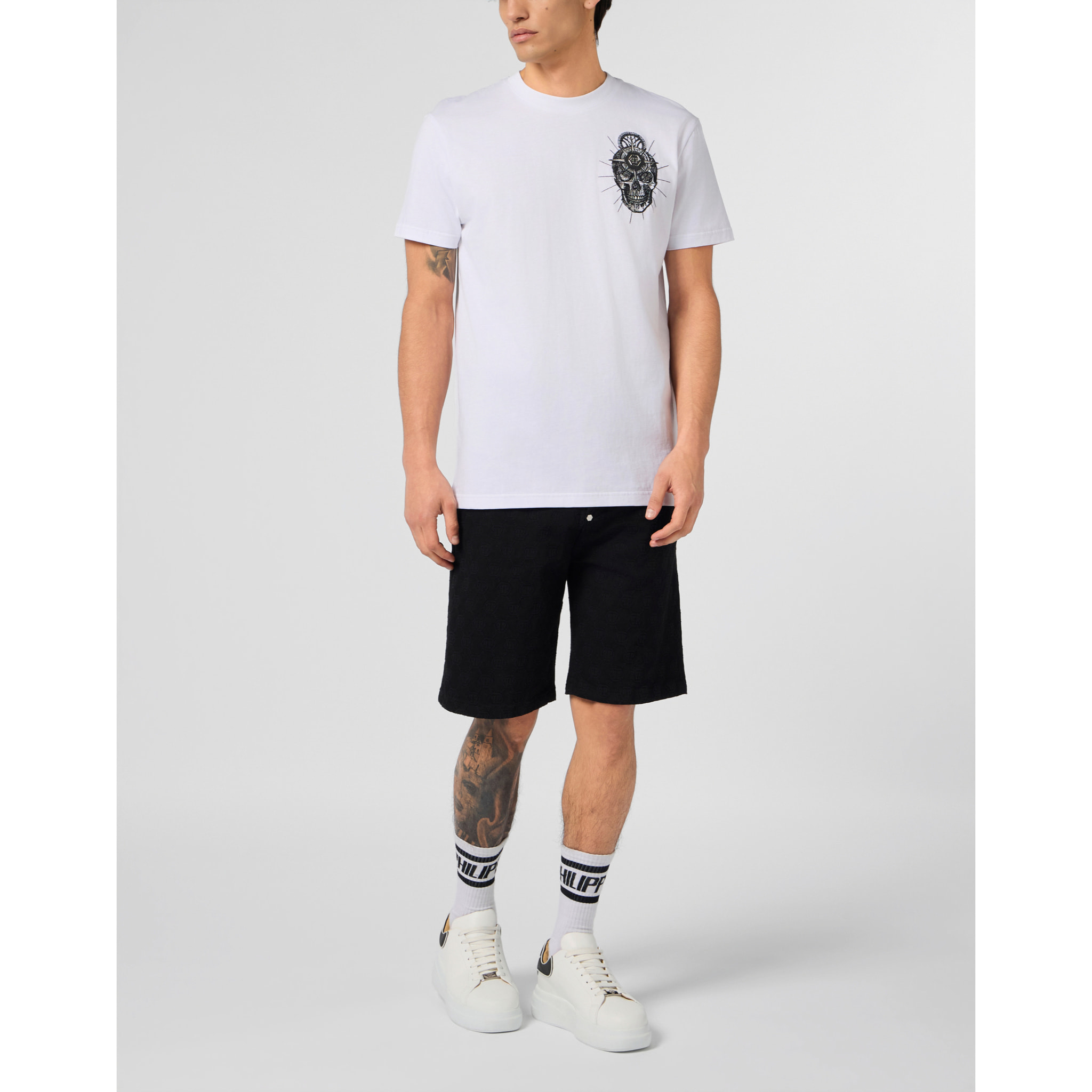 PHILIPP PLEIN Round Neck T-Shirt Chest Embroidery Skull
