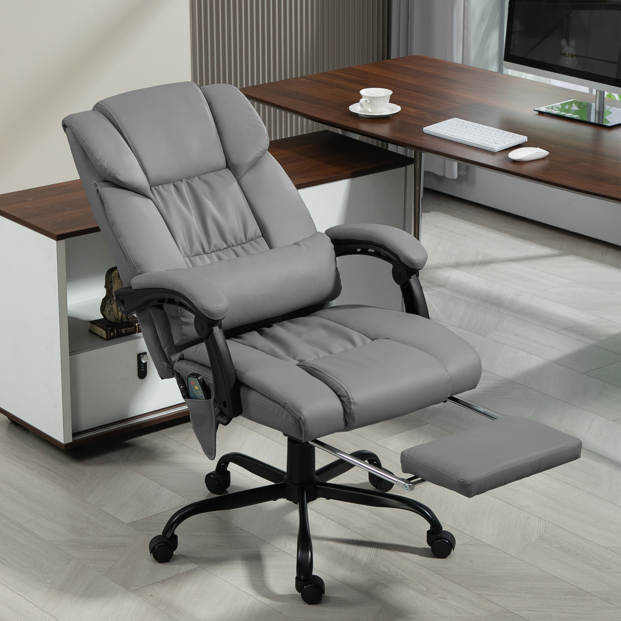 Silla de Oficina con Masaje Vibratorio de 6 Puntos Silla de Escritorio Giratoria con Respaldo Alto Reclinable Altura Ajustable Reposapiés y Mando a Distancia Gris