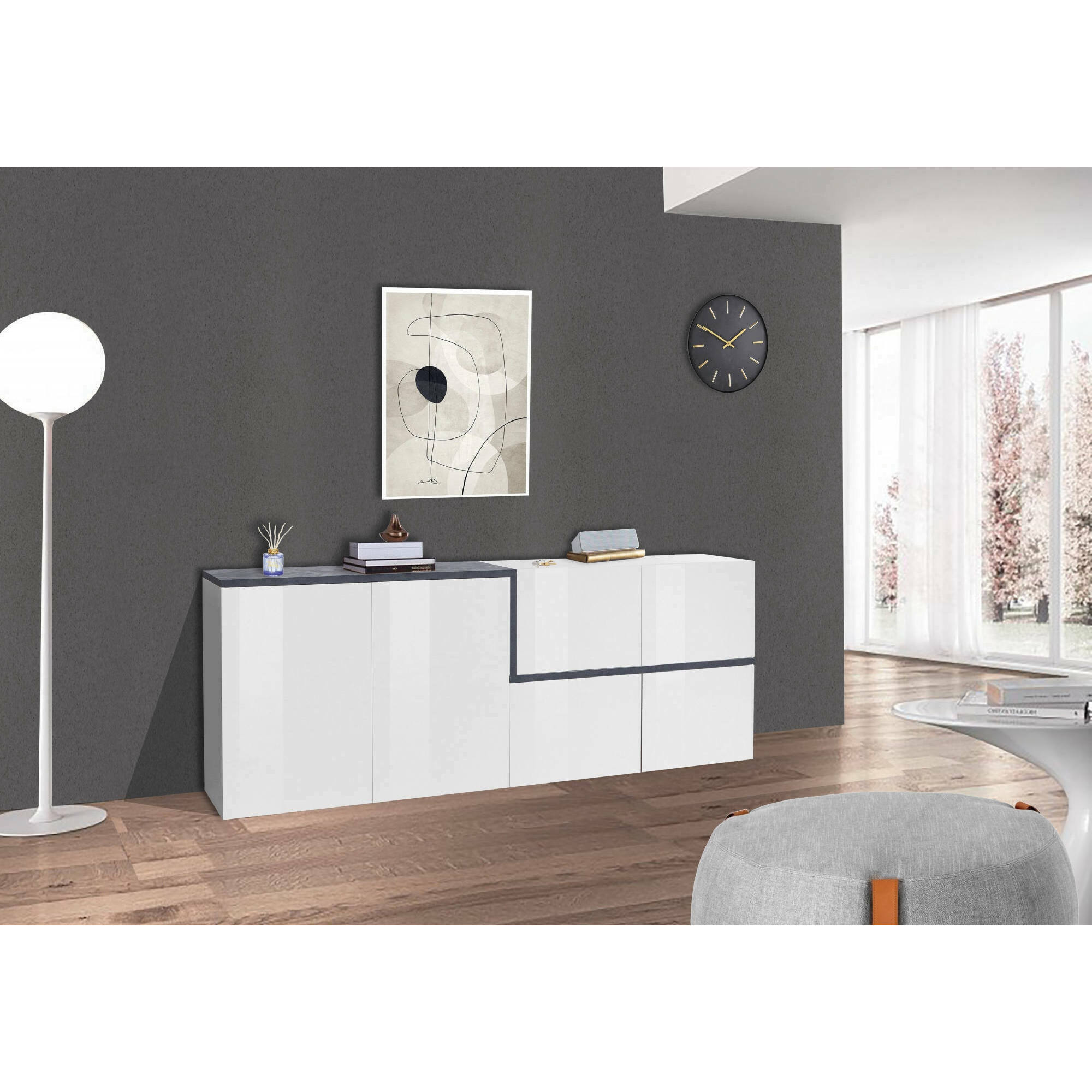 Credenza moderna a 4 ante, Made in Italy, Madia da cucina, Buffet di design da soggiorno, cm 210x40h80, colore Bianco lucido e Grigio Ardesia