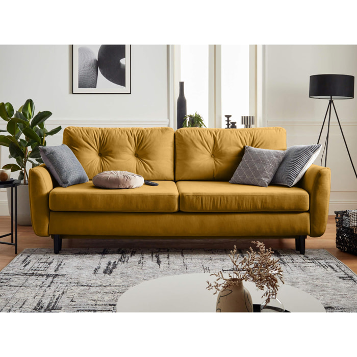 Nils - Canapé droit 3 places convertible - avec coffre de rangement - Velours - Jaune