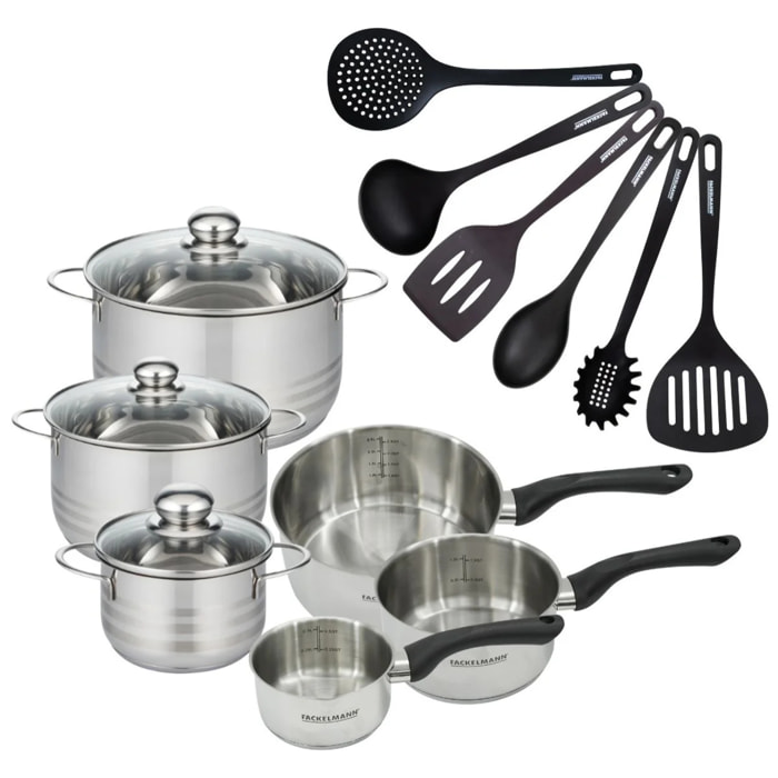 Batterie de cuisine avec 3 casseroles 12/16/20 cm et 3 faitouts 16/20/24 cm avec 6 ustensiles de cuisine sans PFAS Fackelmann Généva Brillant Fénix