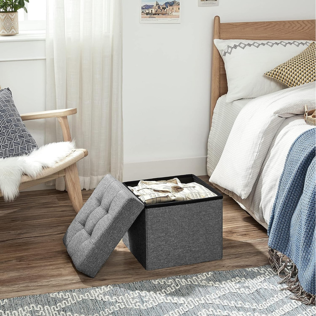 Pouf contenitore pieghevole grigio scuro in simil lino