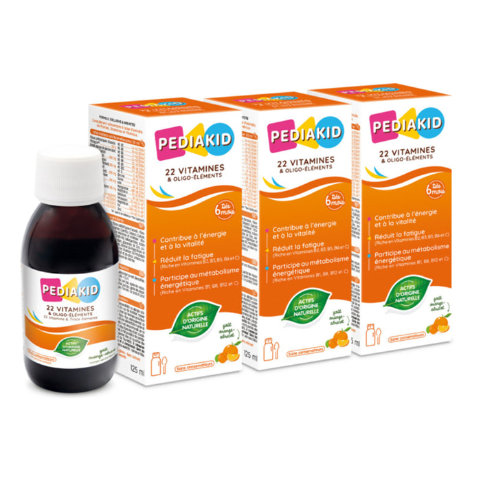 PEDIAKID - 22 Vitamines et Oligo-Éléments - Complément Alimentaire Naturel - Formule Exclusive au Sirop d'Agave - Optimise les Apports en Vitamines et Minéraux - Lot de 3 flacons 125ml