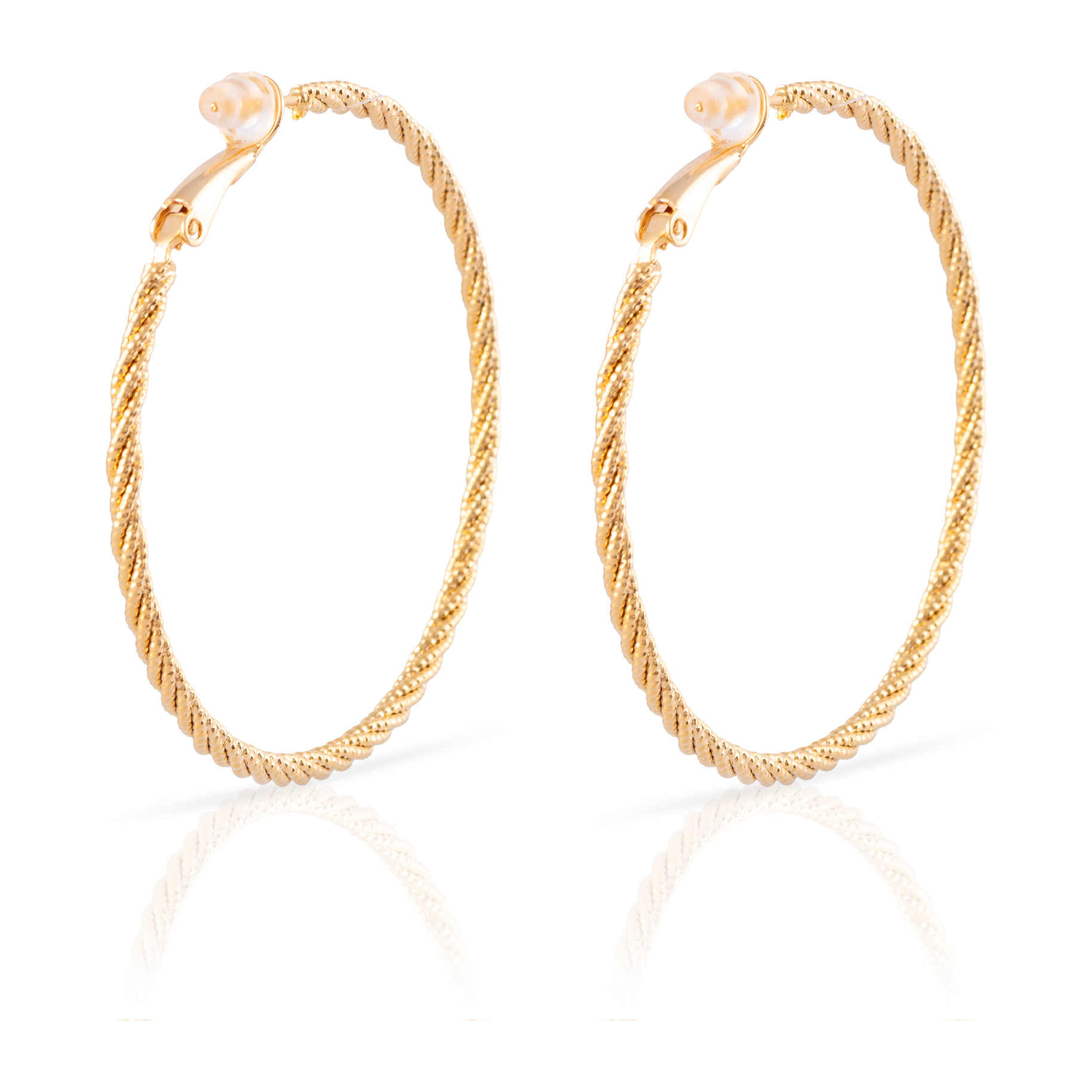 Pendientes de aro trenzado de cobre con baño de oro auténtico y acabado brillante, 50 mm, cierre catalán de plata de ley 925 con acabado dorado electroplateado.