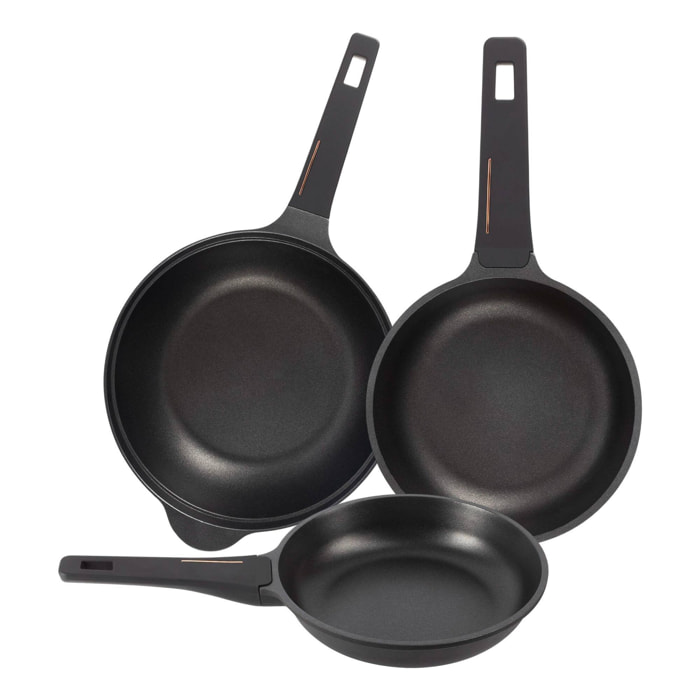 Juego de 2 Sartenes Ø24Ø28cm + Wok Ø30cm en aluminio fundido color Negro Copper Bergner