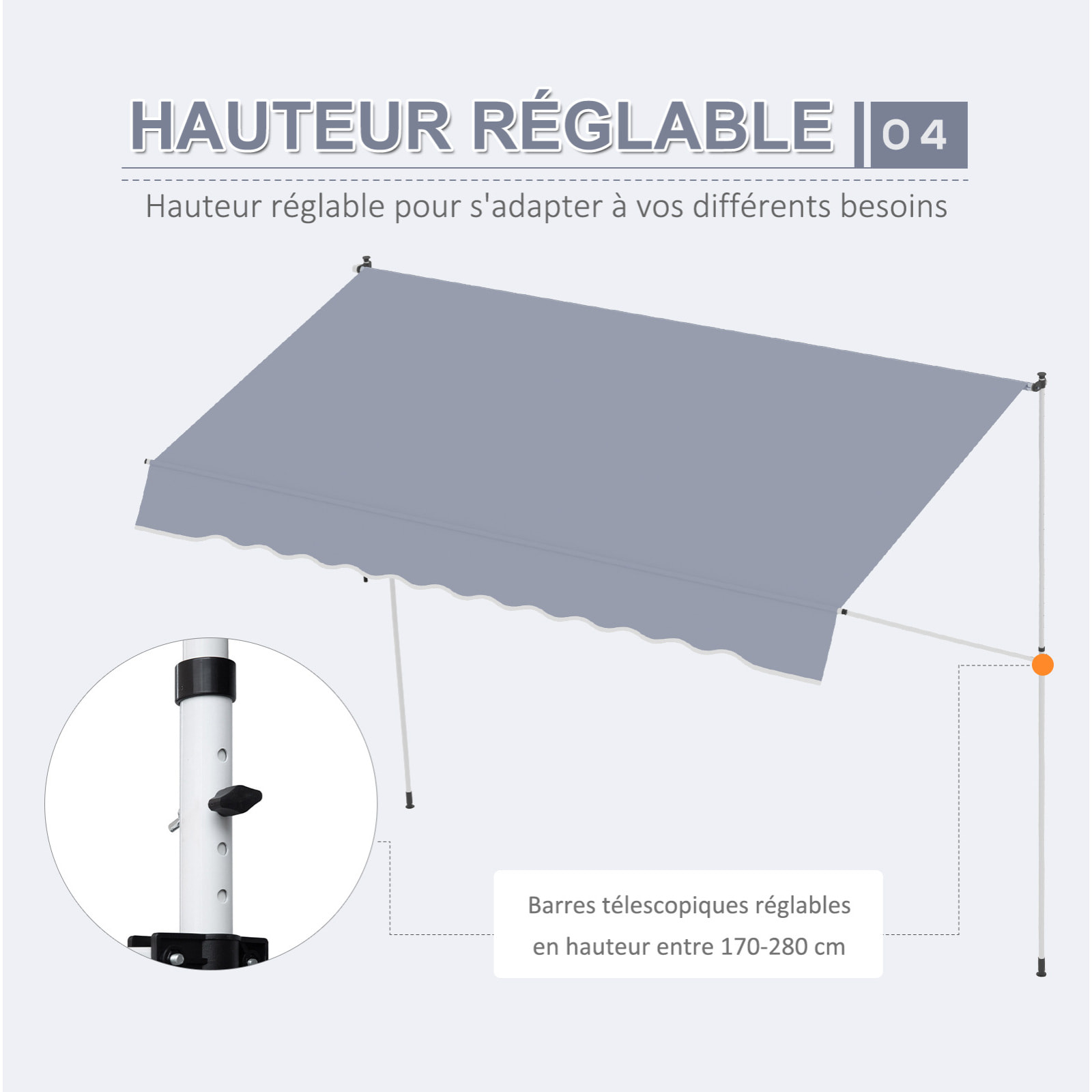 Store banne manuel rétractable 4L x 1,2l m inclinaison et hauteur réglable installation rapide métal alu polyester anti-UV gris