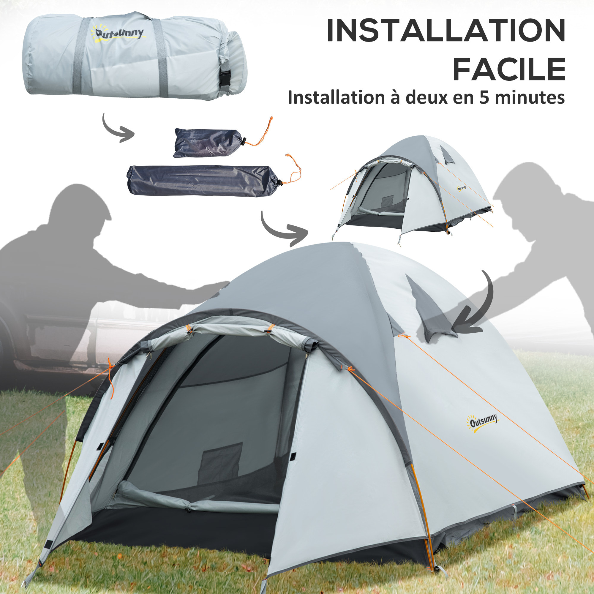 Tente de camping 3-4 personnes dim. 350L x 150l x 128xH cm - 3 portes, tapis sol, sac transport - alu. polyester gris