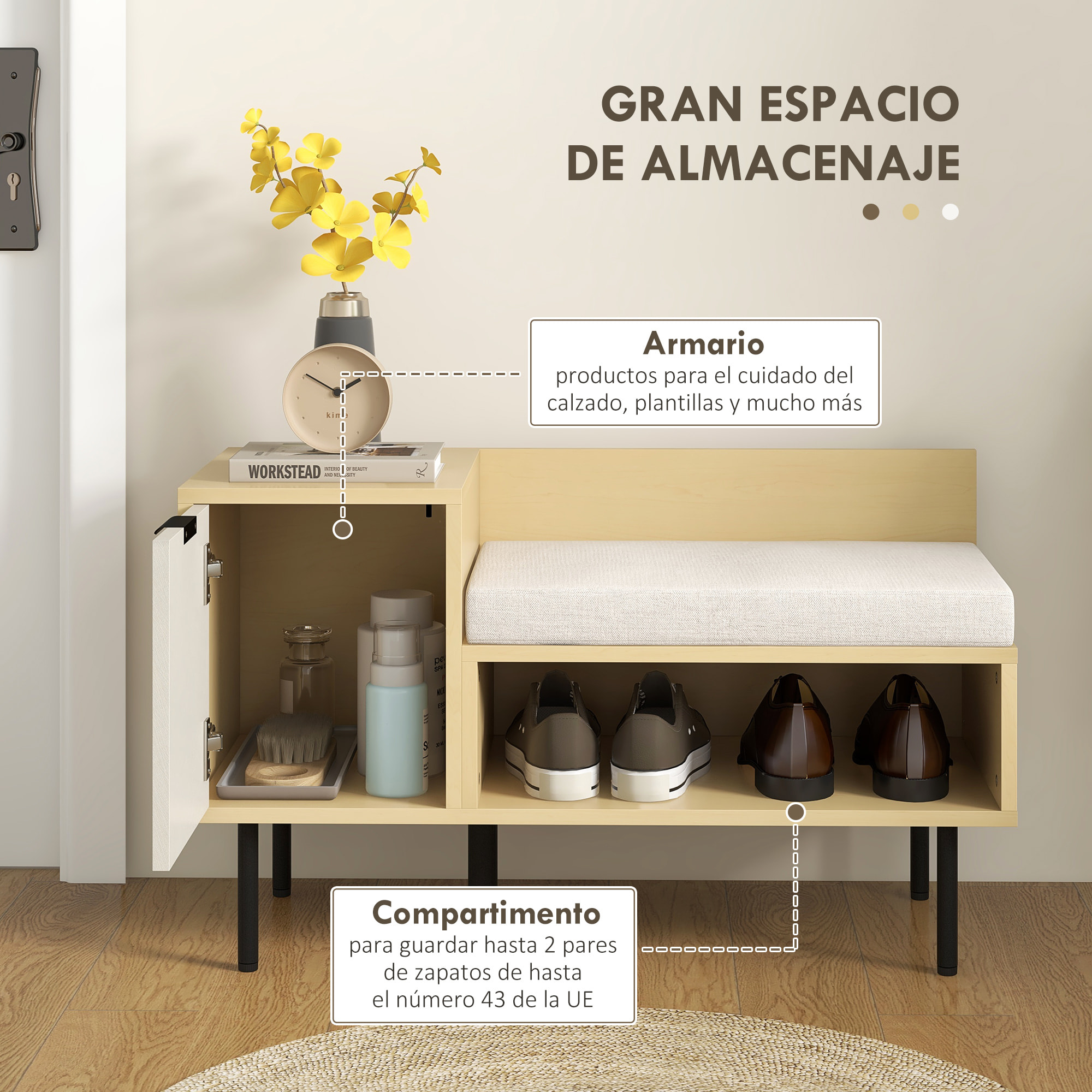 Banco Zapatero Zapatero de Entrada Recibidor con Cojín Puerta y Estante Zapatero con Asiento para Salón Pasillo Dormitorio 80x35x47 cm Natural