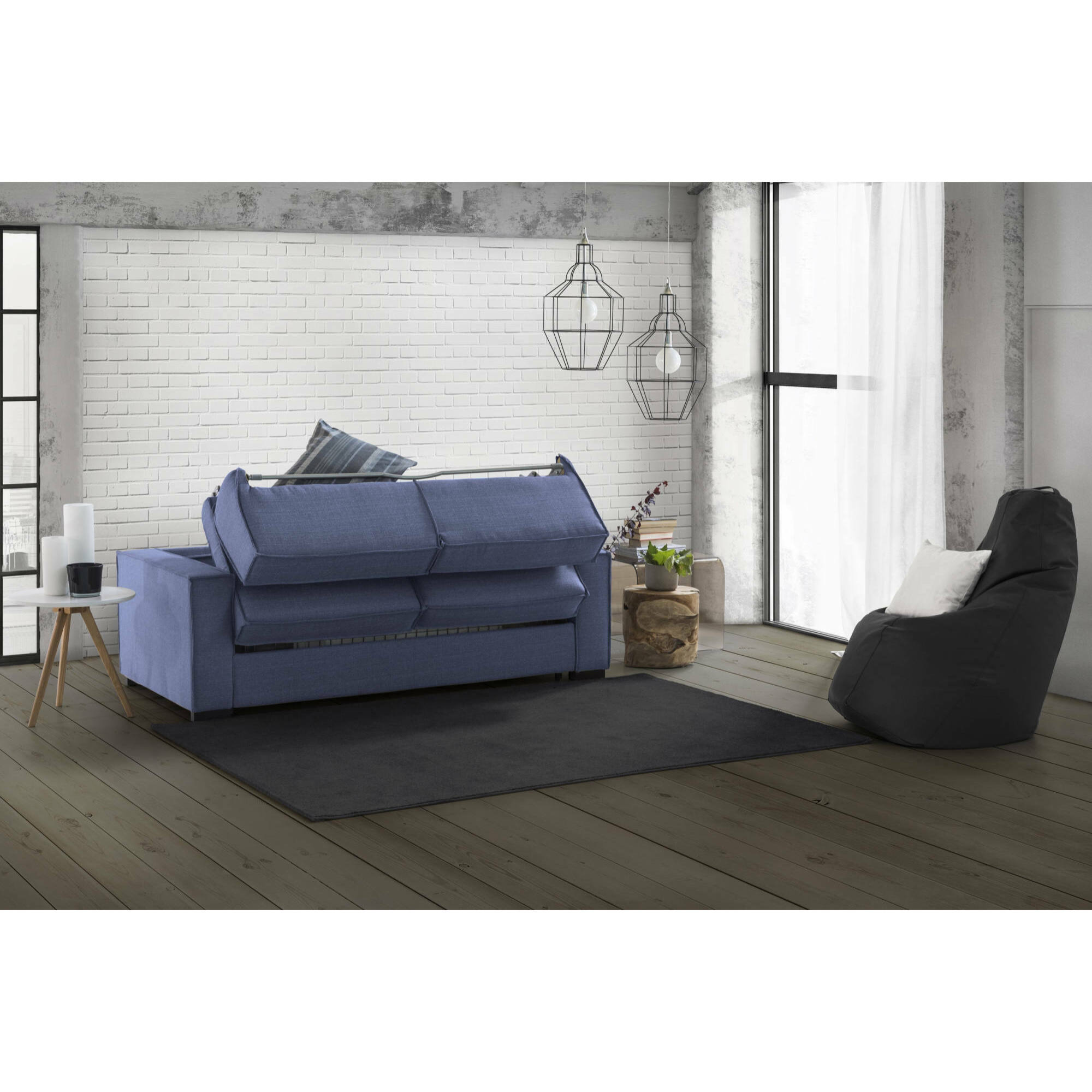Divano letto 3 posti Asteroide, Sofà Soggiorno con apertura girevole, Tessuto imbottito, Braccioli standard, 100% Made in Italy, Cm 220x95h90, Blu