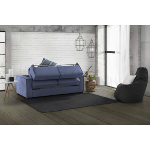 Divano Letto Adalgisa, Divano a 3 posti, 100% Made in Italy, Sofà Soggiorno con apertura girevole, in tessuto imbottito, con Braccioli standard, Cm 220x95h90, Blu