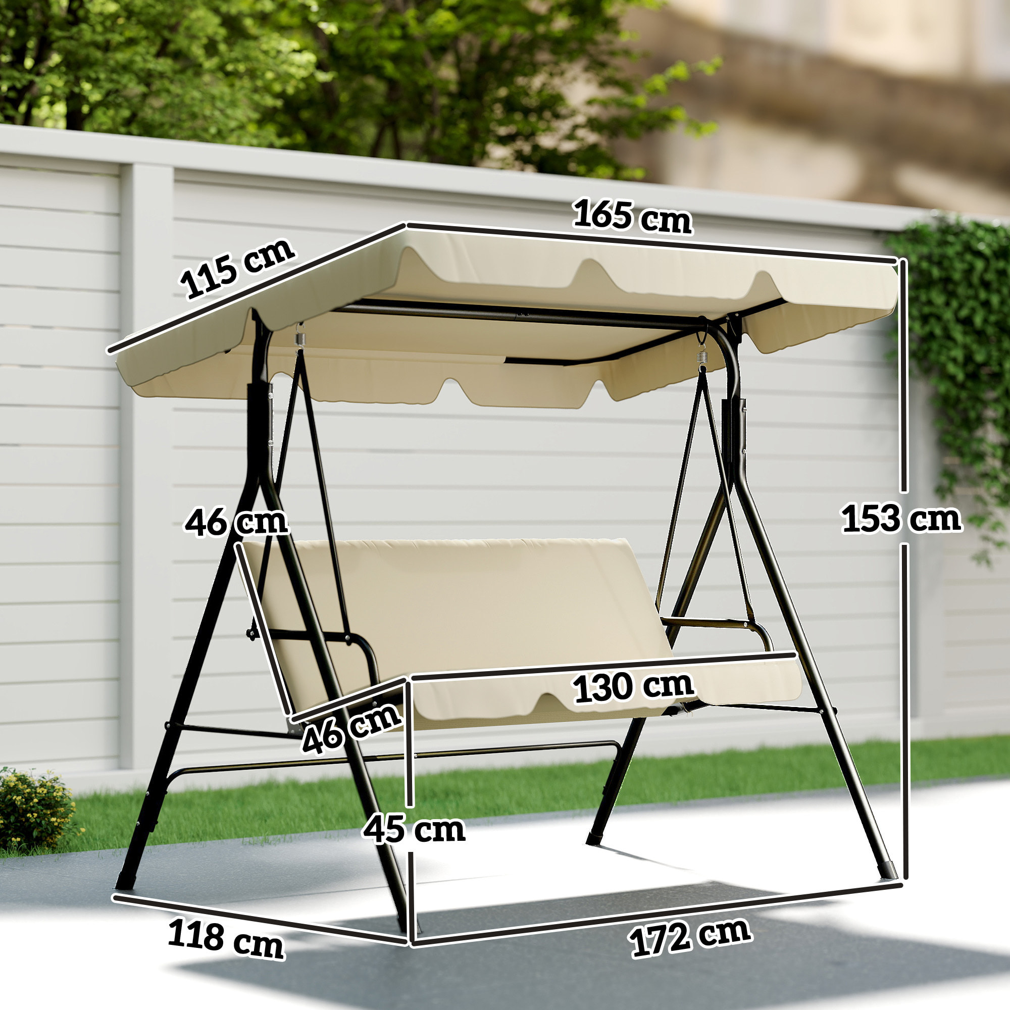 Columpio de Jardín Exterior de 3 Plazas, Balancín de Jardín Exterior con Techo Ajustable, Cojín y Marco de Acero, para Balcón, Terraza, Patio, Carga 240 kg, 172x118x153 cm, Beige
