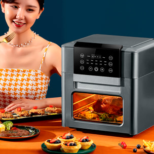 DAM Forno multifunzione Friggitrice ad aria 1350 W 12 litri di grande capacità con finestra di visualizzazione. Doppio vassoio, pannello touch e vano cottura a vapore. Colore nero