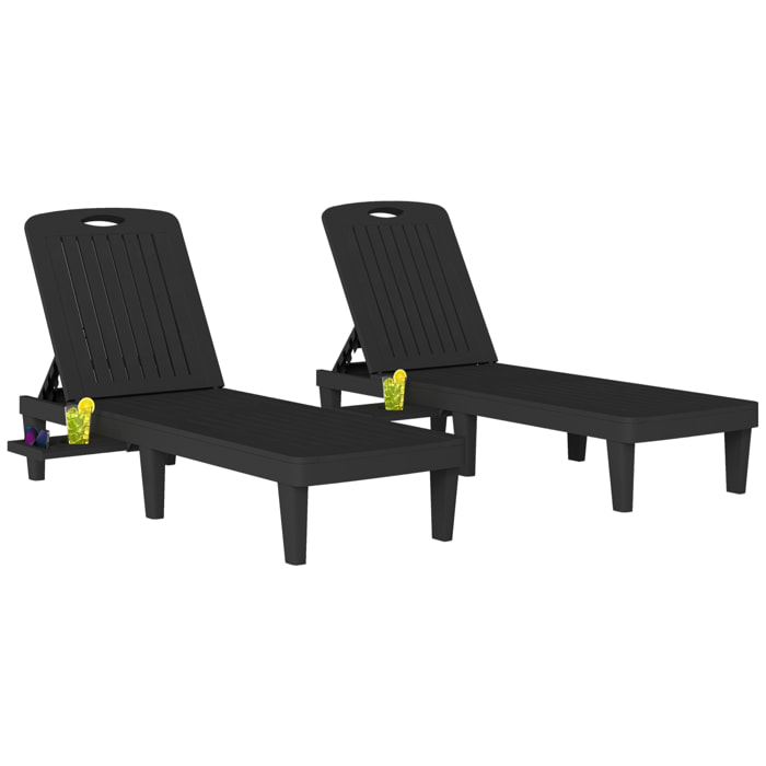 Pack de 2 Tumbonas de Jardín Exterior, Tumbonas Reclinables de Plástico PP con Bandeja Lateral, Respaldo Ajustable de 5 Niveles, Resistentes a la Intemperie, para Playa, Piscina, Negro