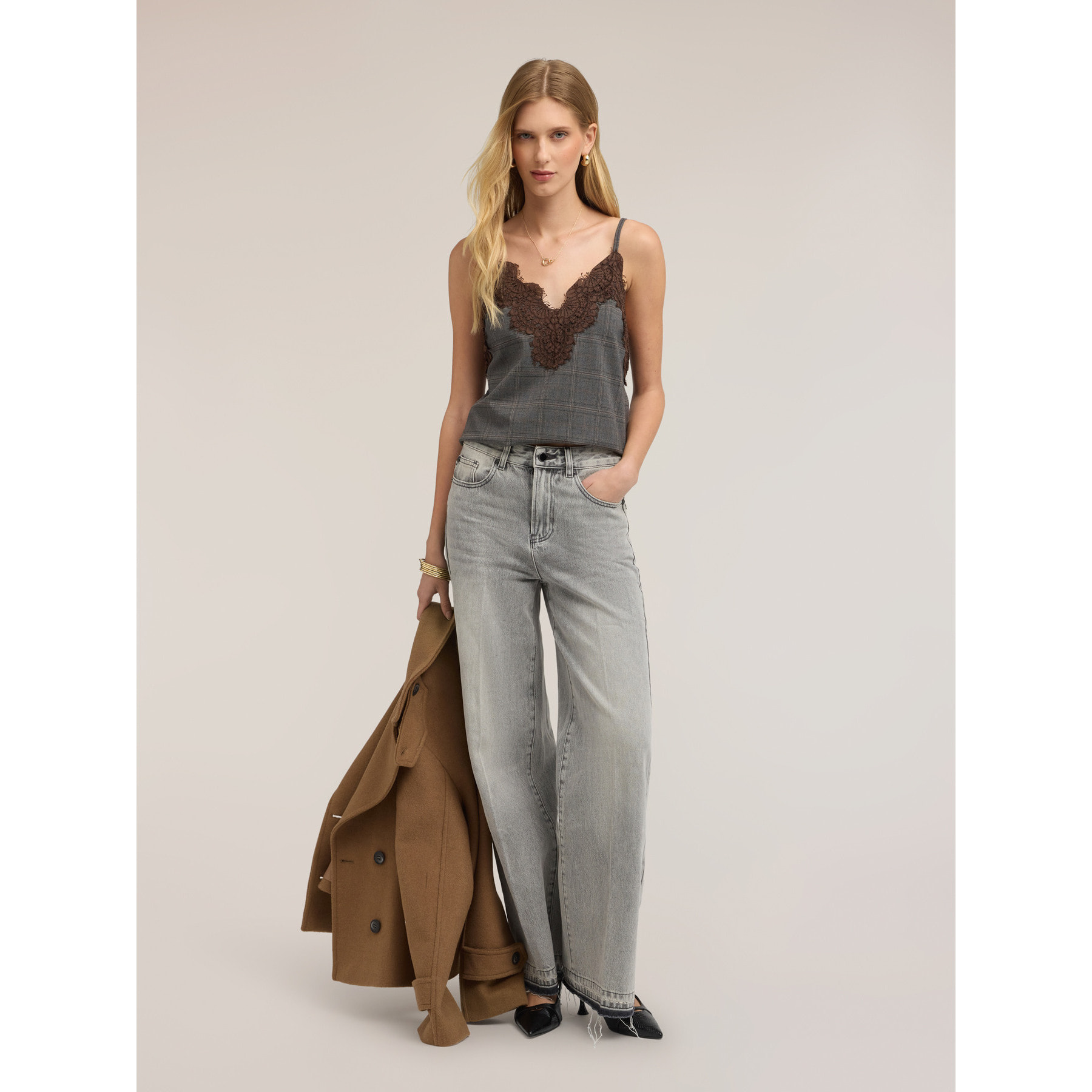 Motivi - Top a quadri con inserto in pizzo - Grigio