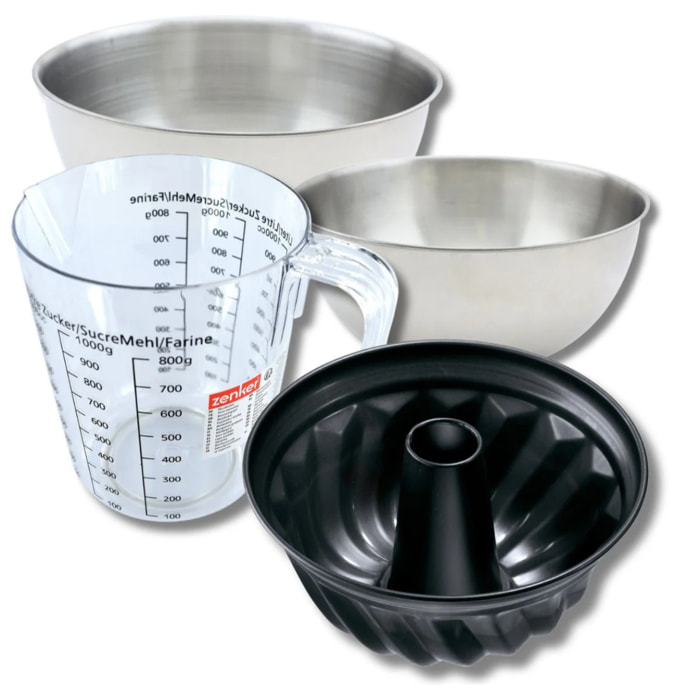 Set pâtisserie avec moule à kouglof 22 cm, 2 bols à mixer, verre mesureur et spatule Zenker