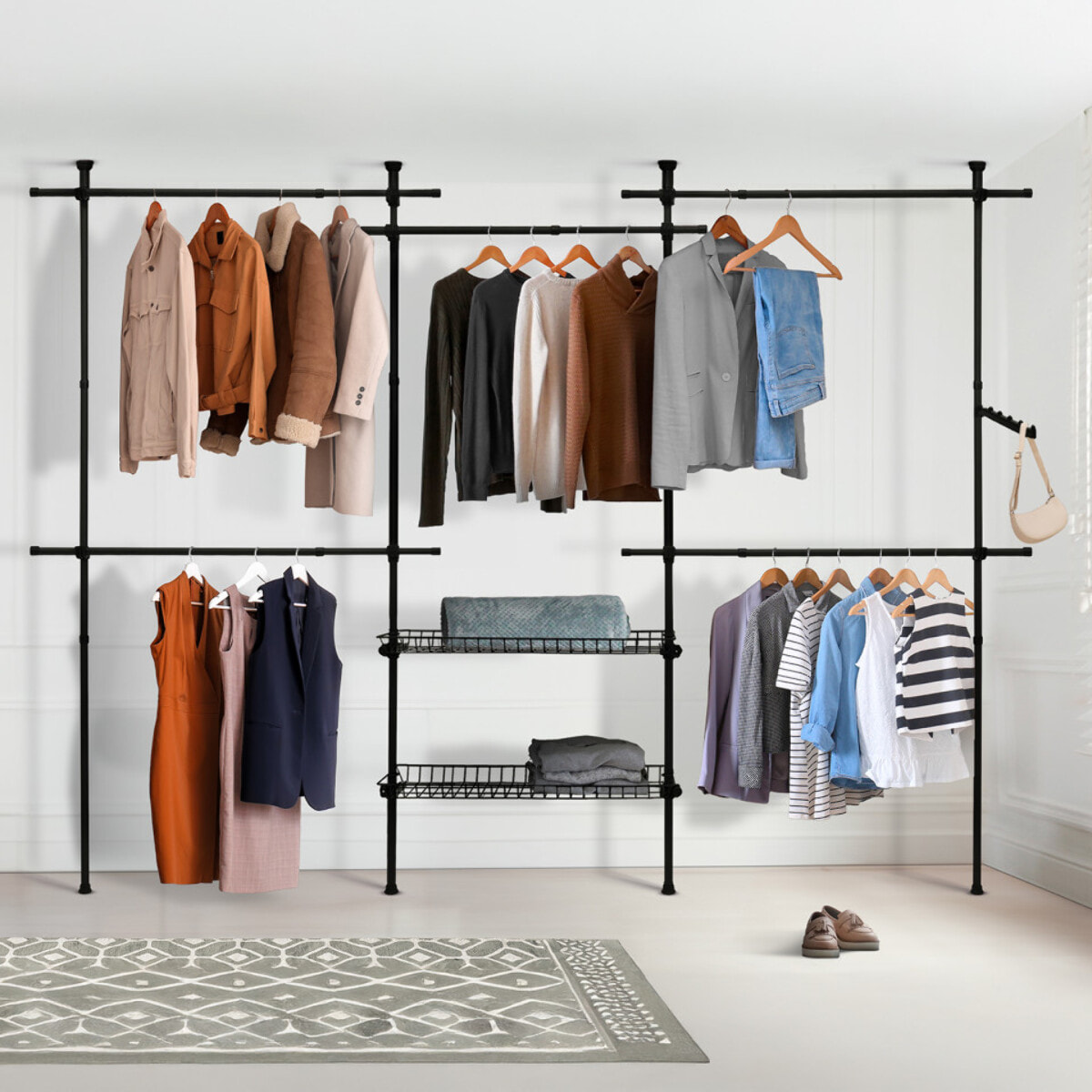 Penderie télescopique double avec rangements intégrés H278cm