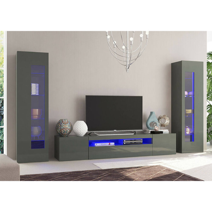 Parete attrezzata Aslhey, Set salotto porta TV, Mobile soggiorno multiuso, 100% Made in Italy, cm 290x40h162, Antracite lucido