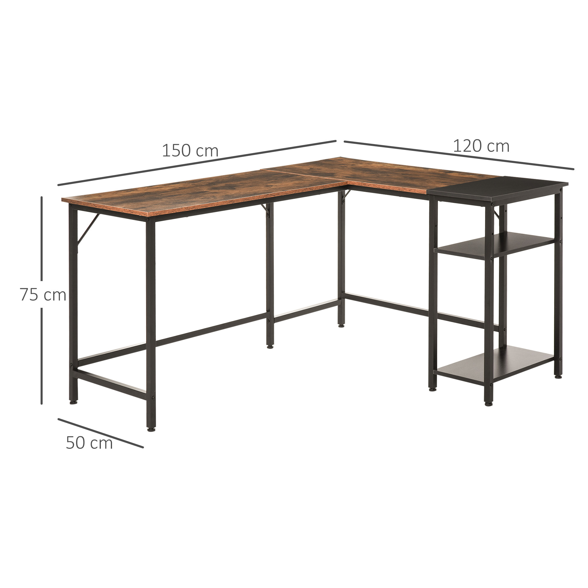 Bureau informatique design industriel bureau d'angle 2 tablettes support CPU imprimante aspect vieux bois métal noir