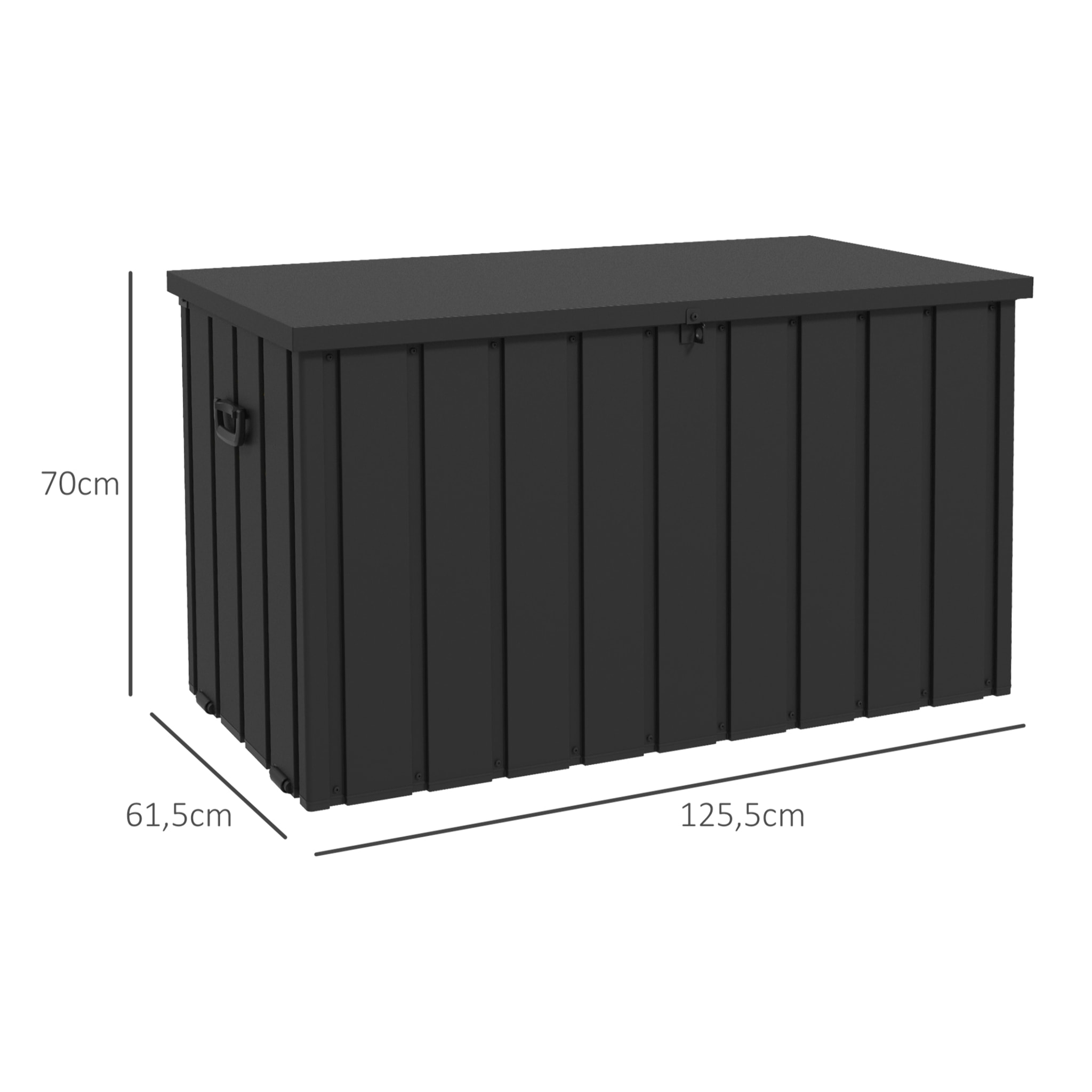 Arcón Exterior Capacidad 450L, Baúl Almacenaje Exterior de Acero con 4 Ruedas, 2 Asas y Tapa Bloqueable, Resistente a la Intemperie, para Jardín, Terraza, Patio, 125,5x61,5x70 cm, Gris Oscuro