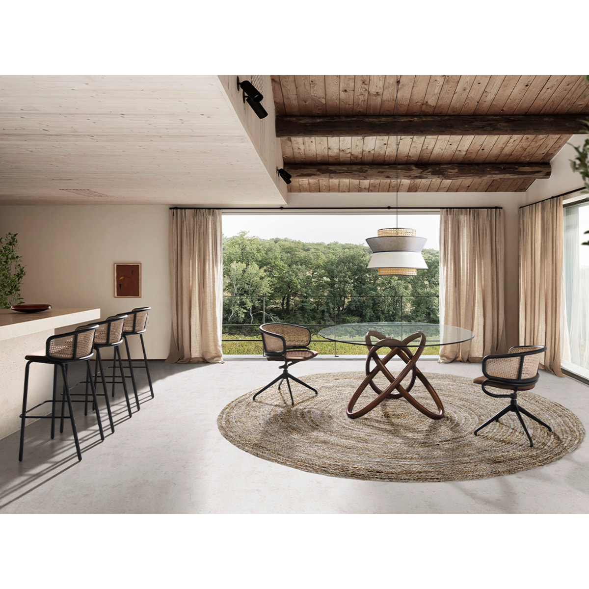 Silla Angel Cerdá giratoria con reposabrazos tapizada en tela aterciopelada en marrón y respaldo de rattán en natural con estructura y patas en acero inoxidable en negro 56x53x74cm