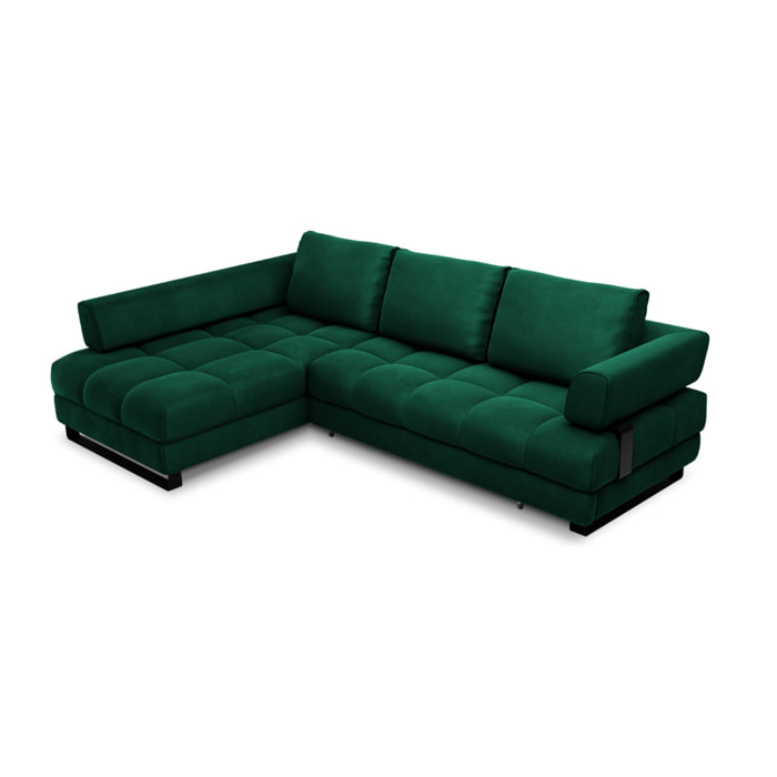 Canapé d'angle gauche convertible avec coffre de rangement "Clinton" 5 places en velours vert bouteille