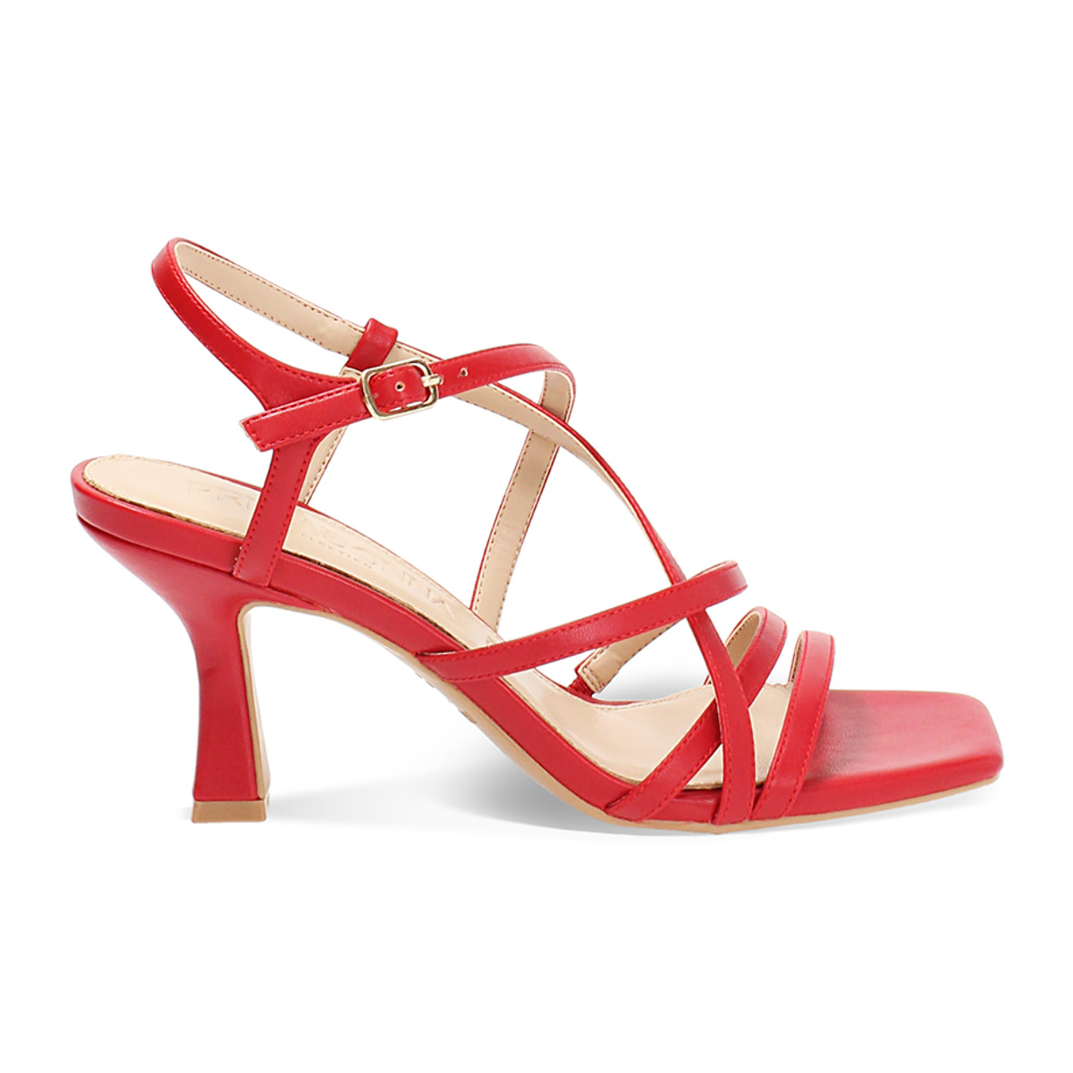 Sandalo donna rosso intrecciato, tacco 7,5 cm