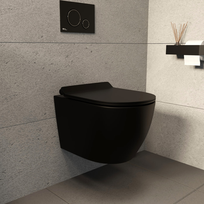 PixL WC suspendu en céramique sans bride Tornado Quiet et fixations invisibles + abattant frein de chute, noir (CEPX010RTORPBKM)