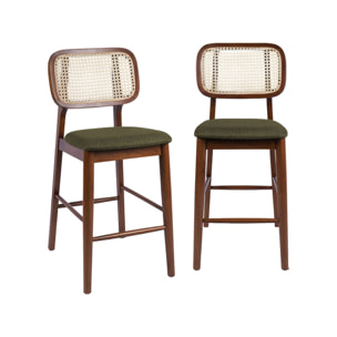 Tabouret de bar vintage bois d'hévéa cannage et tissu 66,5cm (lot de 2) MANI