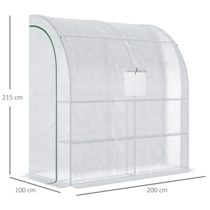 Serre de jardin adossée serre adossée dim. 2L x 1l x 2,13H m 4 étagères 2 portes zippées 1 fenêtre acier PE haute densité blanc