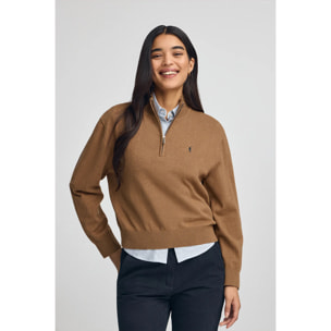 Maglione cammello vigorè in misto lana con collo con mezza cerniera e ricamo Rigby Go