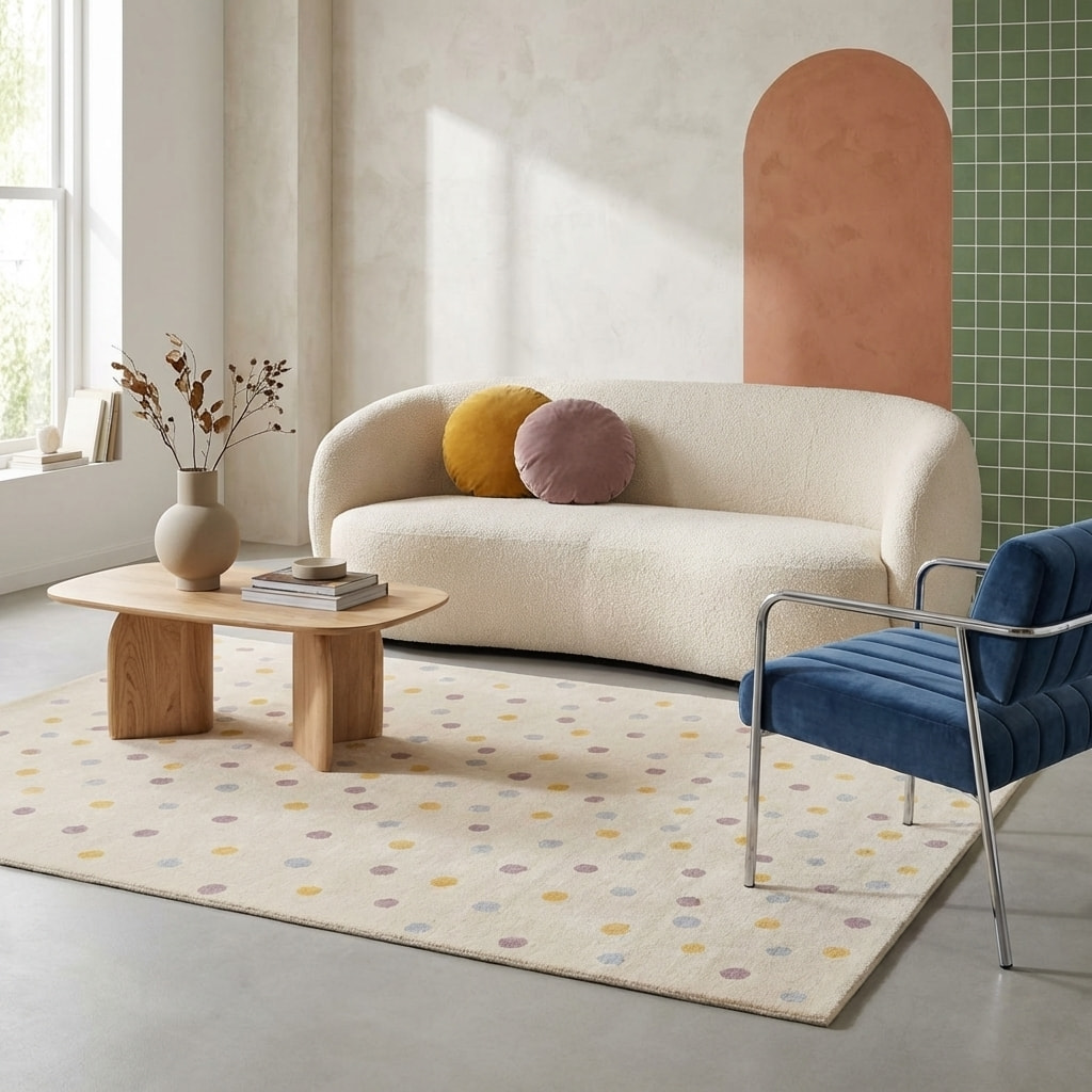 Tapis enfant intérieur à gros pois crème, bleu, jaune, violet 120 x 170cm HANNA